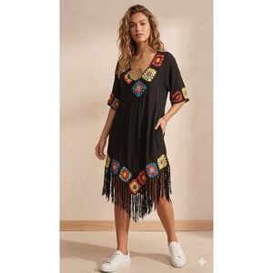 VY2K festival crochet fringe hem top in black Granny Crochet Square Coverup Top